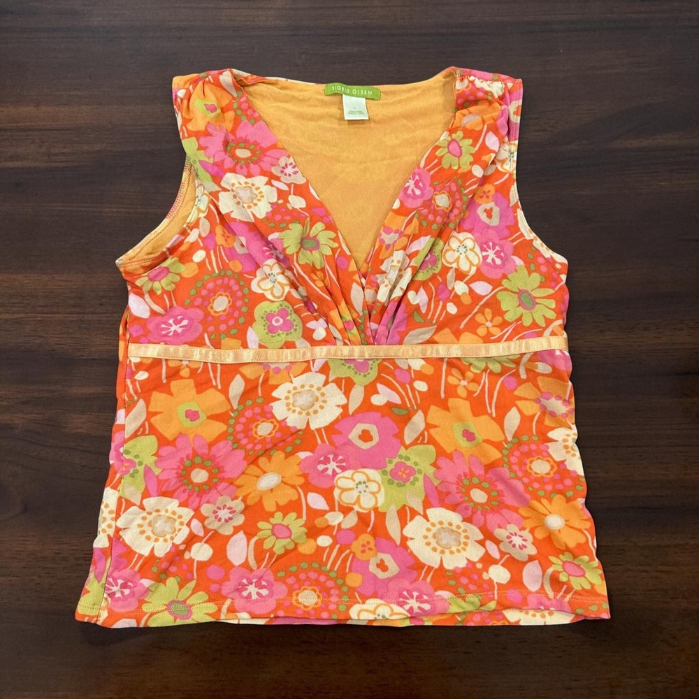 Sigrid Olsen Vintage Y2K Floral Tank Top Large Orange Pink Mesh Overlay Empire